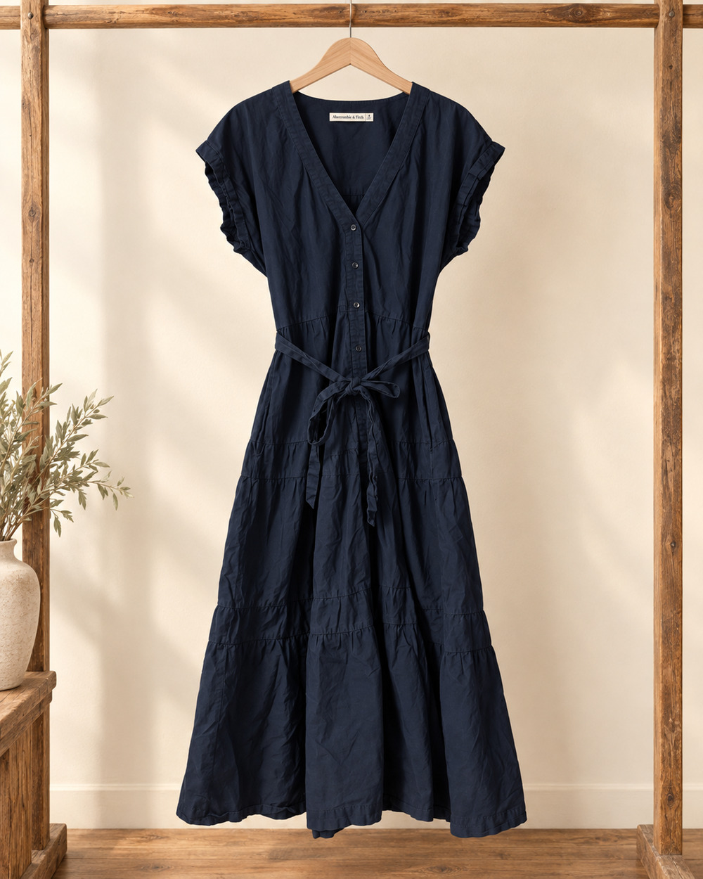 Abercrombie & Fitch Navy Tiered Cotton Midi Dress Size M Belted Button Front Pre